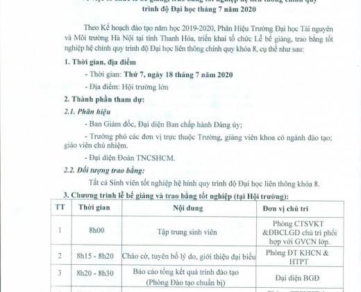 Kế hoạch về việc tổ chức lễ bế giảng, trao bằng tốt nghiệp hệ liên thông chính quy trình độ Đại học tháng 7 năm 2020